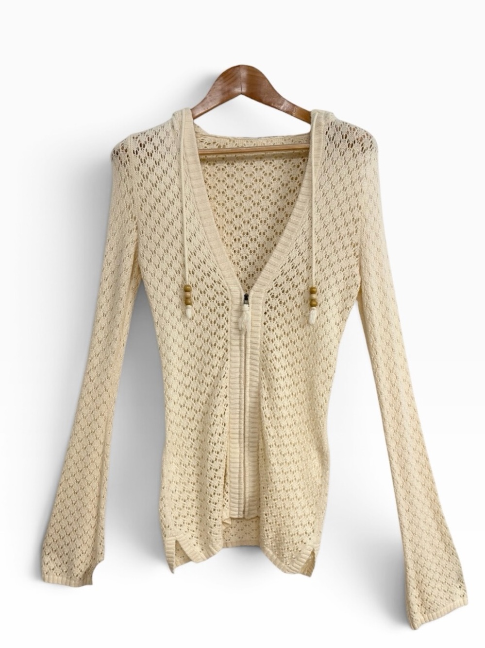 Athleta Organic Cotton Pointelle Open Knit Zip Hoodie Cardigan Cream XS Boho